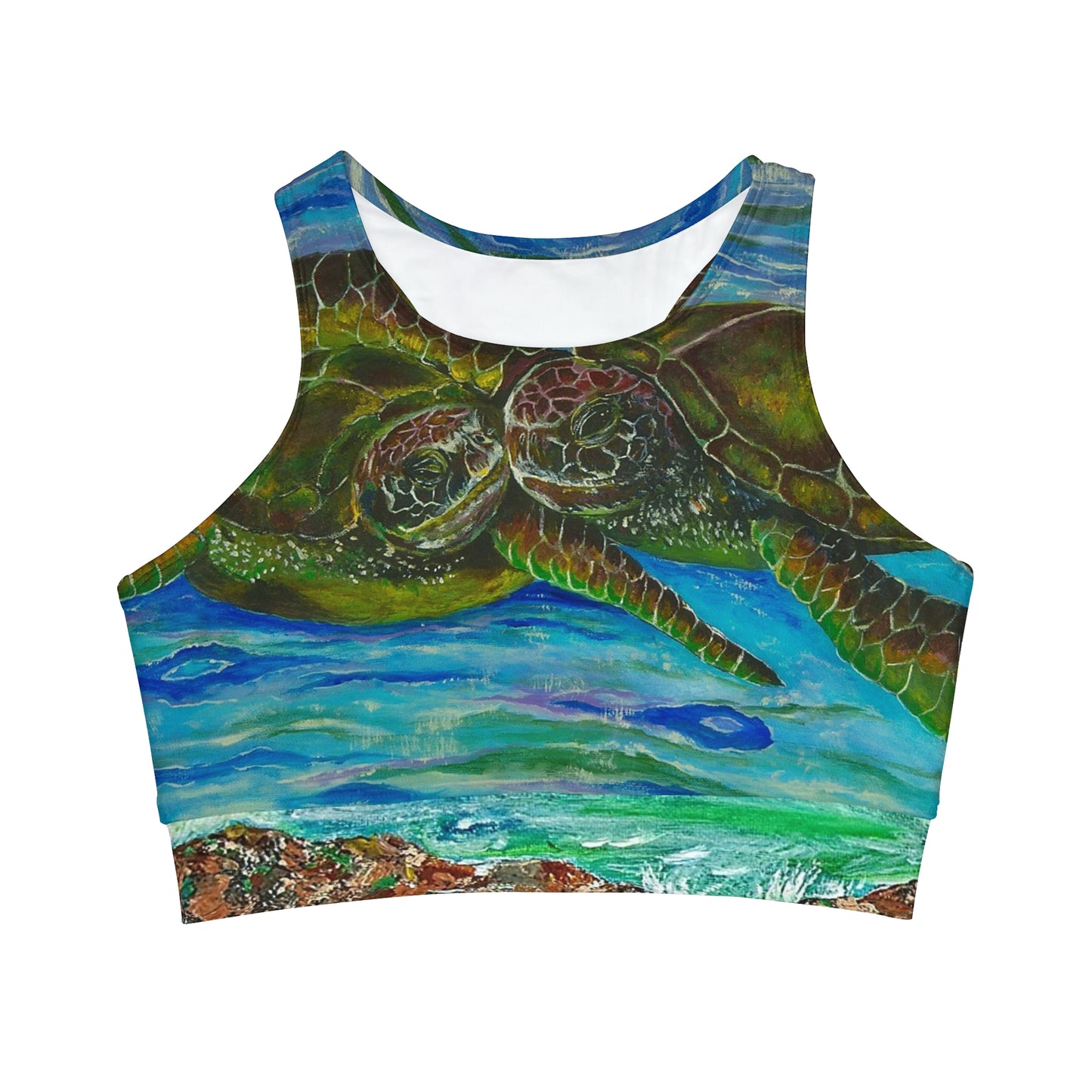 Turtles in a Tropical Ocean High Neck Crop Bikini Top (AOP)