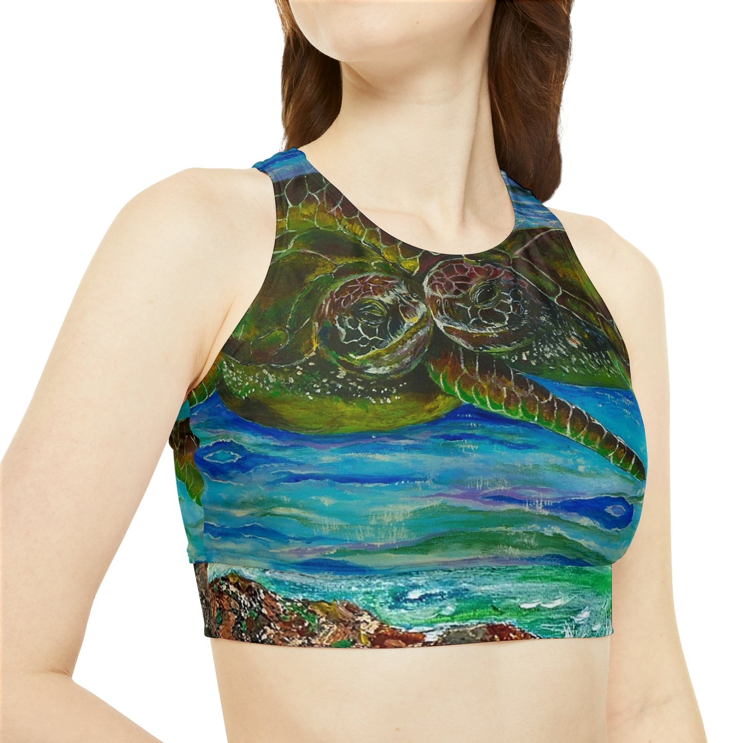 Turtles in a Tropical Ocean High Neck Crop Bikini Top (AOP)